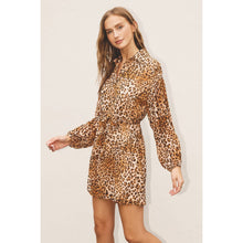 Load image into Gallery viewer, Front button closure lined midi dress bubble sleeves animal print shop fond du lac women’s boutique