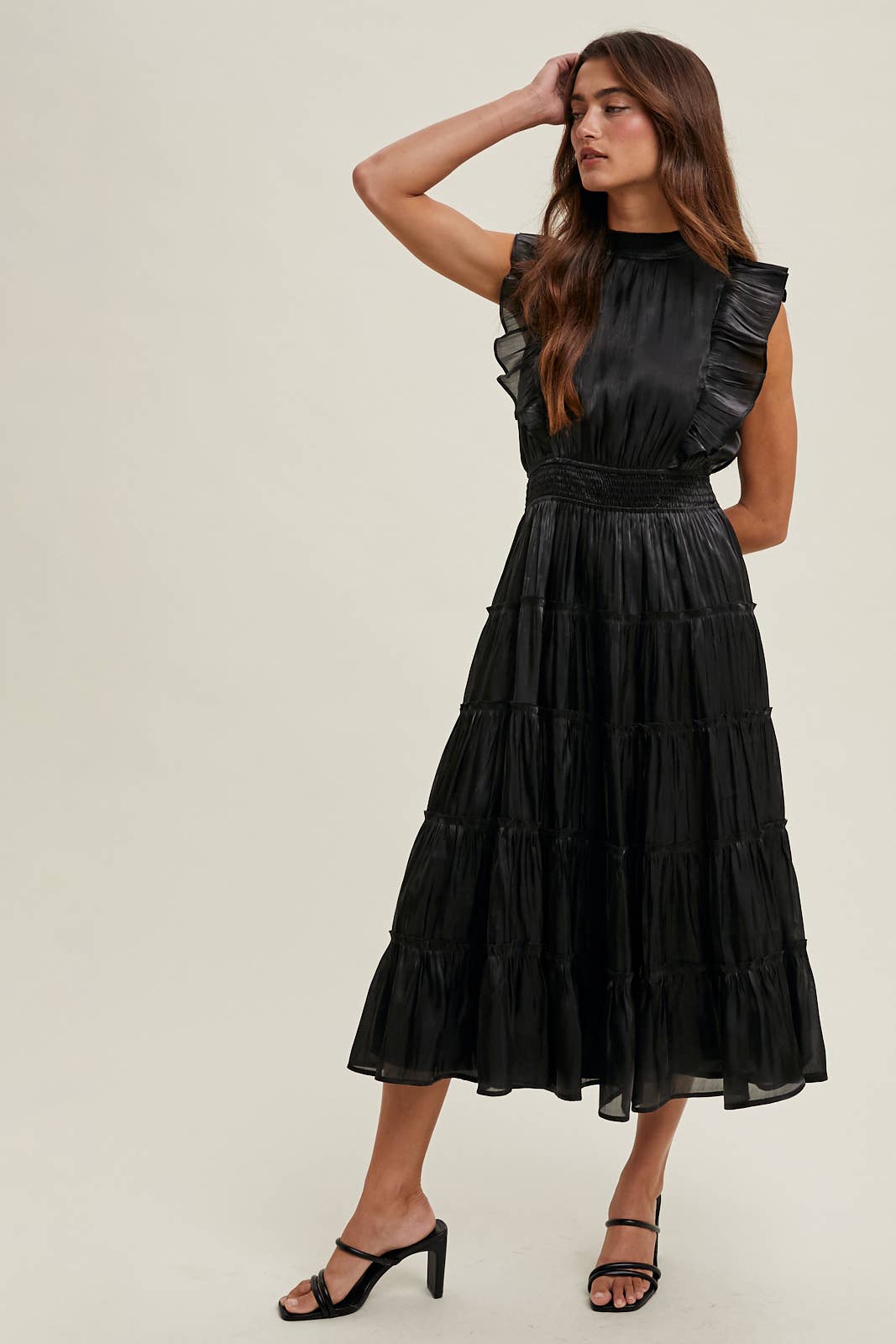 black organza midi dress Organza Tiered Midi Dress With Ruffle Detail – Cloudy Skies Design