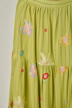 Load image into Gallery viewer, Full length tiered green floral embroidered pinstripe maxi skirt shop fond du lac women’s boutique