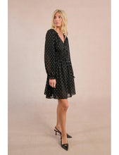 Load image into Gallery viewer, Long balloon sleeves dress silver metallic polka dots lined Molly Bracken shop fond du lac women’s boutique