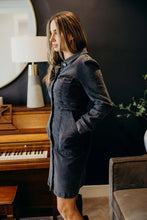 Load image into Gallery viewer, Black denim dress buttons long sleeve shop fond du lac women’s boutique