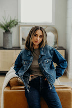 Load image into Gallery viewer, Distressed hem denim jacket boxy button down shop fond du lac women’s boutique