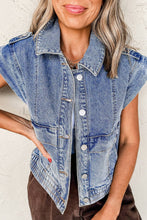 Load image into Gallery viewer, Elastic hem button closure acid wash denim vest shop fond du lac women’s boutique