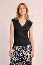 Load image into Gallery viewer, V-neck black tee with metallic detail shop fond du lac women’s boutique