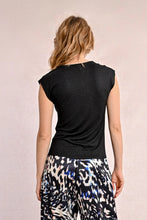 Load image into Gallery viewer, Black V-neck  tee with metallic detail shop fond du lac women’s boutique