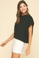Round neck cap sleeve button down top sweater shop fond du lac women’s clothing store