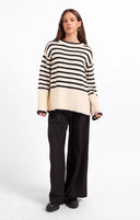 Black cream striped crew neck sweater wide long sleeves shop fond du lac women’s clothing store