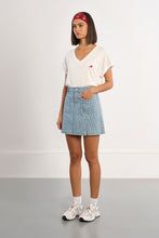 Load image into Gallery viewer, Denim striped mini skirt patch pockets high waist straight shop fond du lac women’s boutique