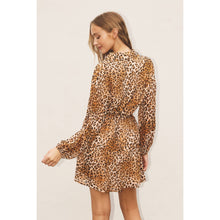 Load image into Gallery viewer, Midi dress front button closure lined bubble sleeves animal print elastic cuffs shop fond du lac women’s boutique