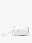 White handbag with gold accents on a white background