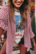 Load image into Gallery viewer, Long sleeve button down red white stripe blouse Lovesoft shop fond du lac women’s boutique 
