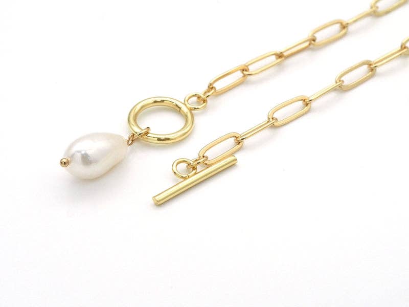 Dainty Paperclip Chain Pearl Pendant Necklace