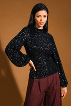 Load image into Gallery viewer, Black sequin long sleeve top shop fond du lac women’s boutique 
