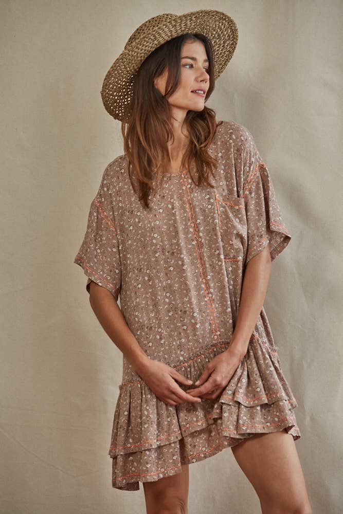 Woven Rayon Gauze Wide Neck Short Sleeve Dress