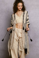 Boho Embroidered Tassel Tie Midi Cardigan with Crochet Back