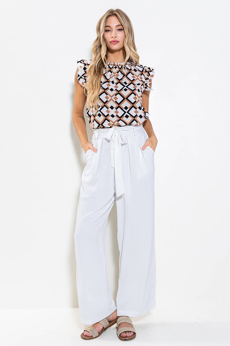Geo Print Ruffle Sleeve Blouse Top