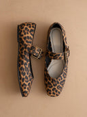 Leopard print shoes with buckles on a beige background