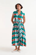 Teal terracotta maxi Sleeveless dress v neckline button closure shop fond du lac women’s clothing store