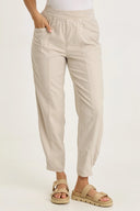 Tan beige elastic waist pull on pants pockets barrel leg cinch shop fond du lac women’s clothing store 