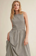 Pockets sleeveless smocked top lined black stripe maxi dress shop fond du lac women’s clothing store 