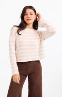 Cream taupe stripe long sleeve cropped hem soft brushed knit sweater shop fond du lac women’s clothing store 