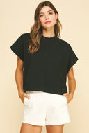 Cap sleeve round neck button down black sweater top shop fond du lac women’s clothing store 