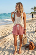 Gingham checkered red white elastic waist drawstring relaxed silhouette ruffle hem lightweight shop fond du lac women’s clothing store