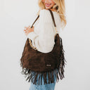 Brown chocolate suede fringe purse handbag shop fond du lac women’s clothing store
