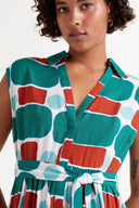 Geometric print teal terracotta maxi Sleeveless dress v neckline button closure shop fond du lac women’s clothing store
