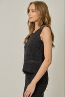 Sleeveless round neck crochet black tank loose fit shop fond du lac women’s clothing store 