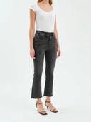 Cropped flare high rise black wash distressed hem Repreve shop fond du lac women’s boutique 