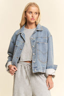 Denim studded jacket long sleeve button closure shop fond du lac women’s clothing store 