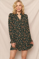 Long sleeve floral print gree mini dress fully lined shop fond du lac women’s clothing store 
