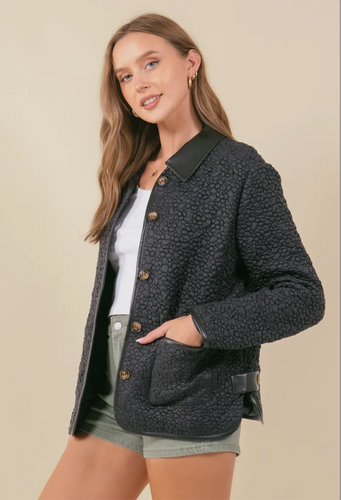 Quilted jacket button down front patch pockets faux leather collar shop fond du lac women’s boutique