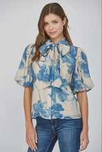Load image into Gallery viewer, Lantern sleeve removable tie floral blue cream blouse button down shop fond du lac women’s boutique 
