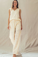 Ivory floral embroidered matching set v-neck sleeveless wide leg elastic waist drawstring shop fond du lac women’s clothing store 