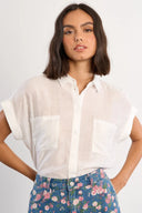 Button down short sleeve white top blouse relaxed shop fond du lac women’s clothing store 