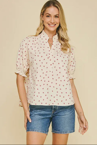 V-neck cherry ruffled neck balloon sleeves cotton shop fond du lac women’s boutique 