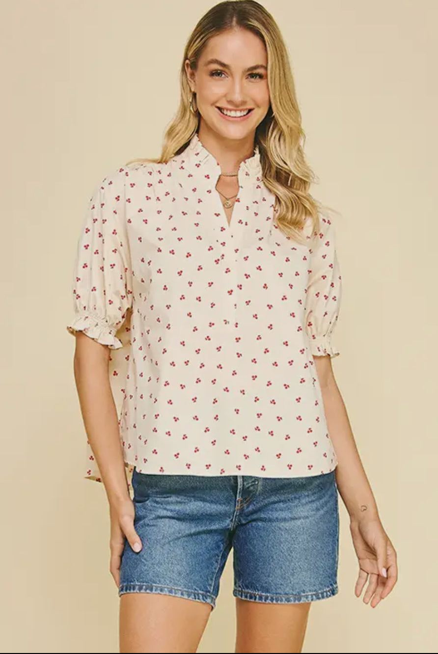 V-neck cherry ruffled neck balloon sleeves cotton shop fond du lac women’s boutique 