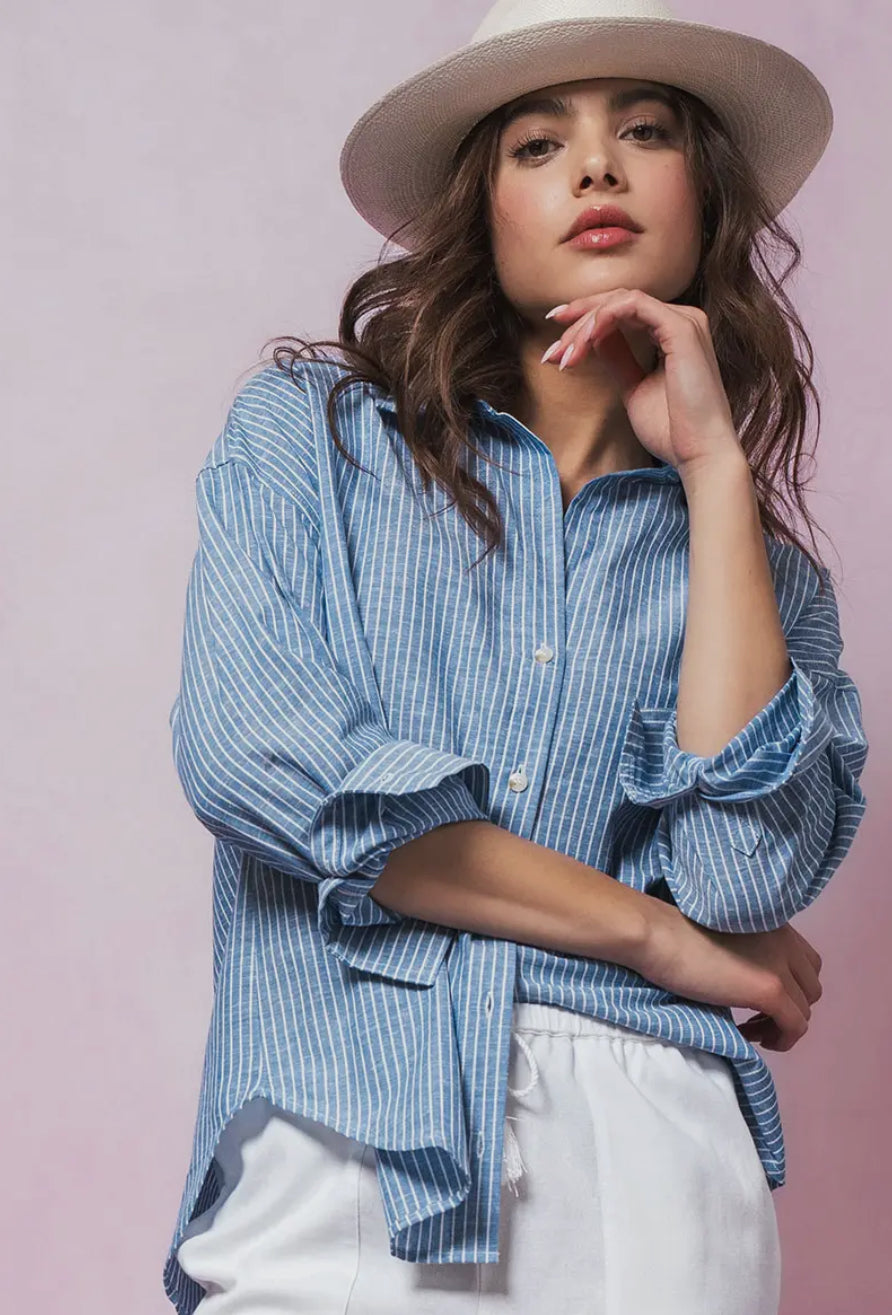 Timeless Pinstripe Cotton Blend Blouse