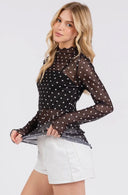 Polka Dot Mesh Long Sleeve Top