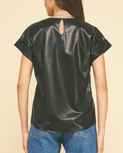 Load image into Gallery viewer, Round neckline cap sleeves Buttonhole closure faux leather shop fond du lac women’s boutique 
