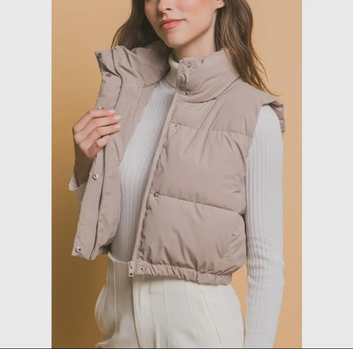Cropped puffer vest high neck zipper snap closure shop fond du lac women’s boutique 