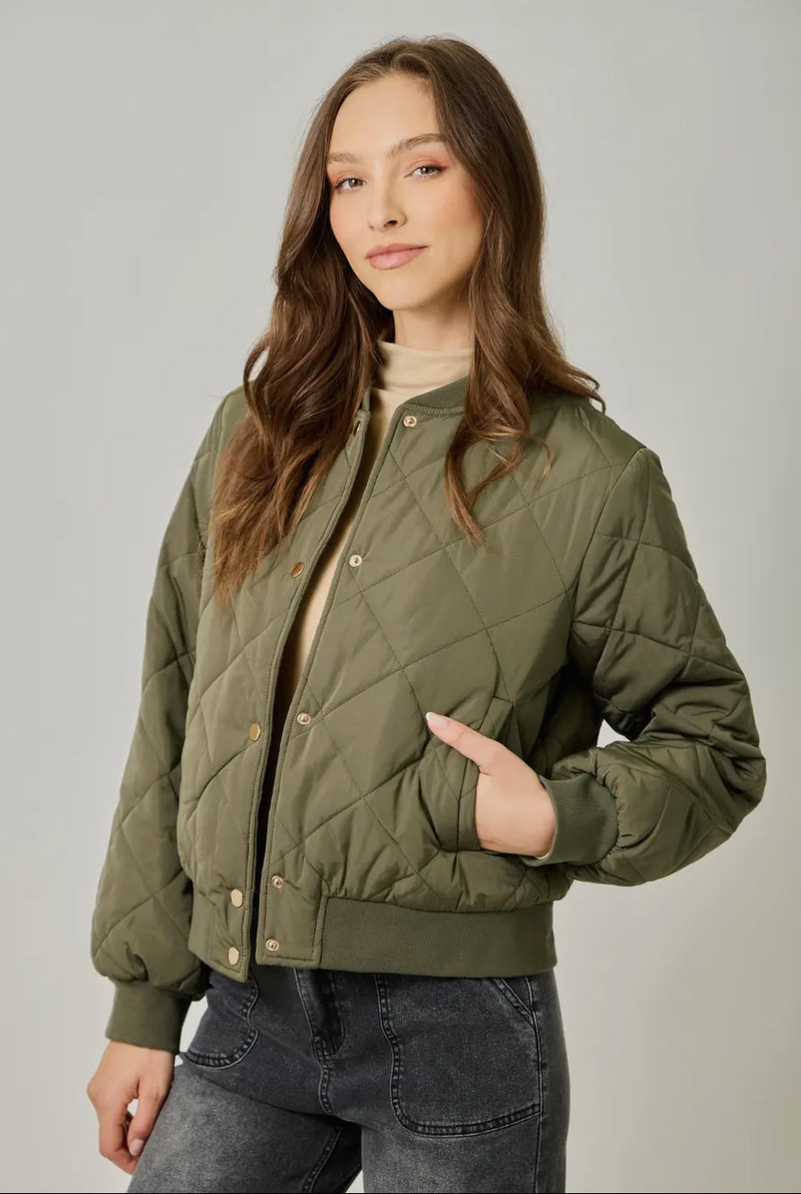 Snap closure quilted bomber shop fond du lac women’s boutique 