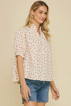Load image into Gallery viewer, Cotton cherry ruffled neck balloon sleeves shop fond du lac women’s boutique 
