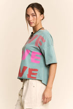 Load image into Gallery viewer, Garment washed seafoam oversized short sleeve LOVE printed bilingual shirt shop fond du lac women’s boutique 
