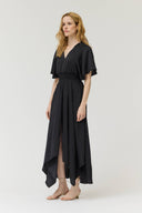 Smocked waist v-neck flutter sleeves black maxi dress asymmetrical hem slit shop fond du lac women’s clothing store