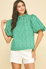 Load image into Gallery viewer, Short balloon sleeve green polka dot button back ruffled neck shop fond du lac women’s boutique 
