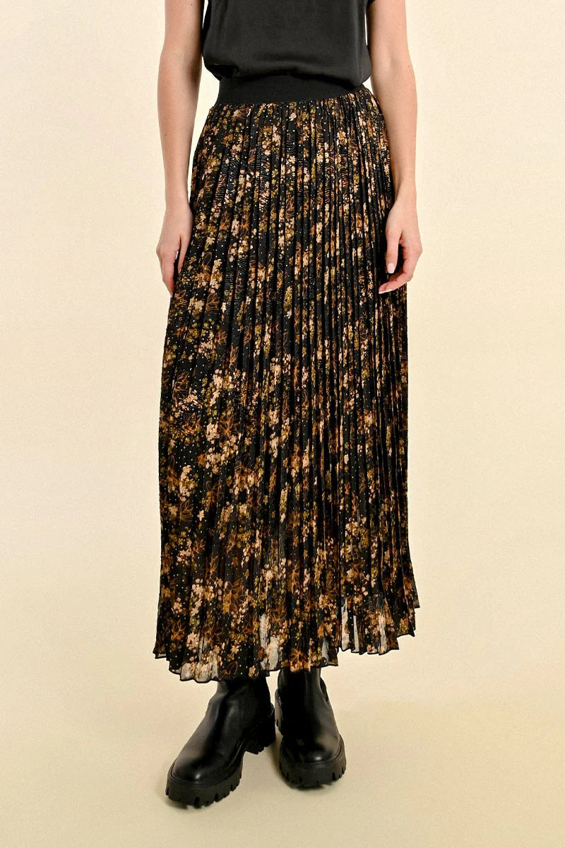 Pleated Black Floral Skirt