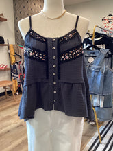 Load image into Gallery viewer, Charcoal gauze tank top adjustable straps button down shop fond du lac women’s boutique 
